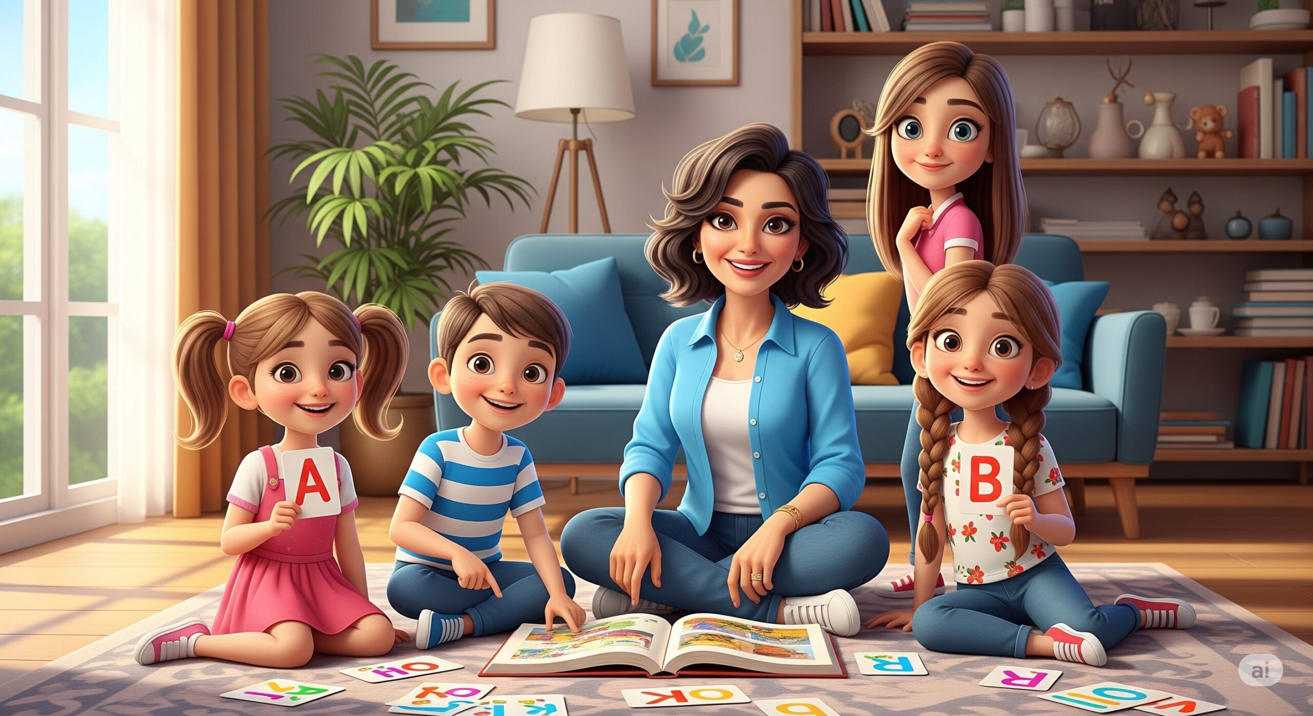 A high-quality, photorealistic cartoon animation featured image for a family blog. A warm and friendly Turkish mother in her 30s is sitting on a cozy rug in a bright, modern living room with her four young children (a girl around 7, a boy around 10, a girl around 11, a girl around 14). They are all smiling and happily engaged, playing with colorful English alphabet flashcards and an open picture book. The scene feels authentic, joyful, and educational. Soft, natural light streams in from a window, creating a welcoming and trustworthy atmosphere. The focus is on the happy interaction and the bond of learning together as a family. --ar 16:9